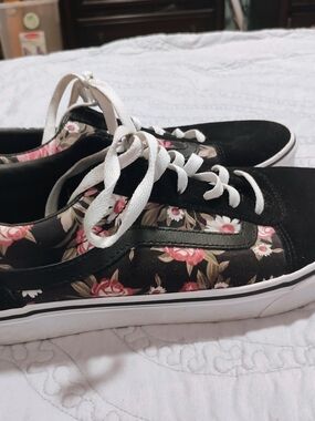 Vans Black Low-Top Sneakers with Pink Floral Panels
